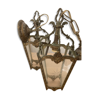 Pair of bronze and glass pendant lamps