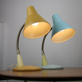 Adjustable Desk Lamp in Blue and Sand Painted Metal and Chrome-Plated Spiral Arm, 1970s, Set of 2