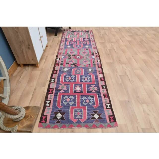 1970s Vintage Turkish Oushak Handmade Wool Cotton Pink Runner Rug 99x331