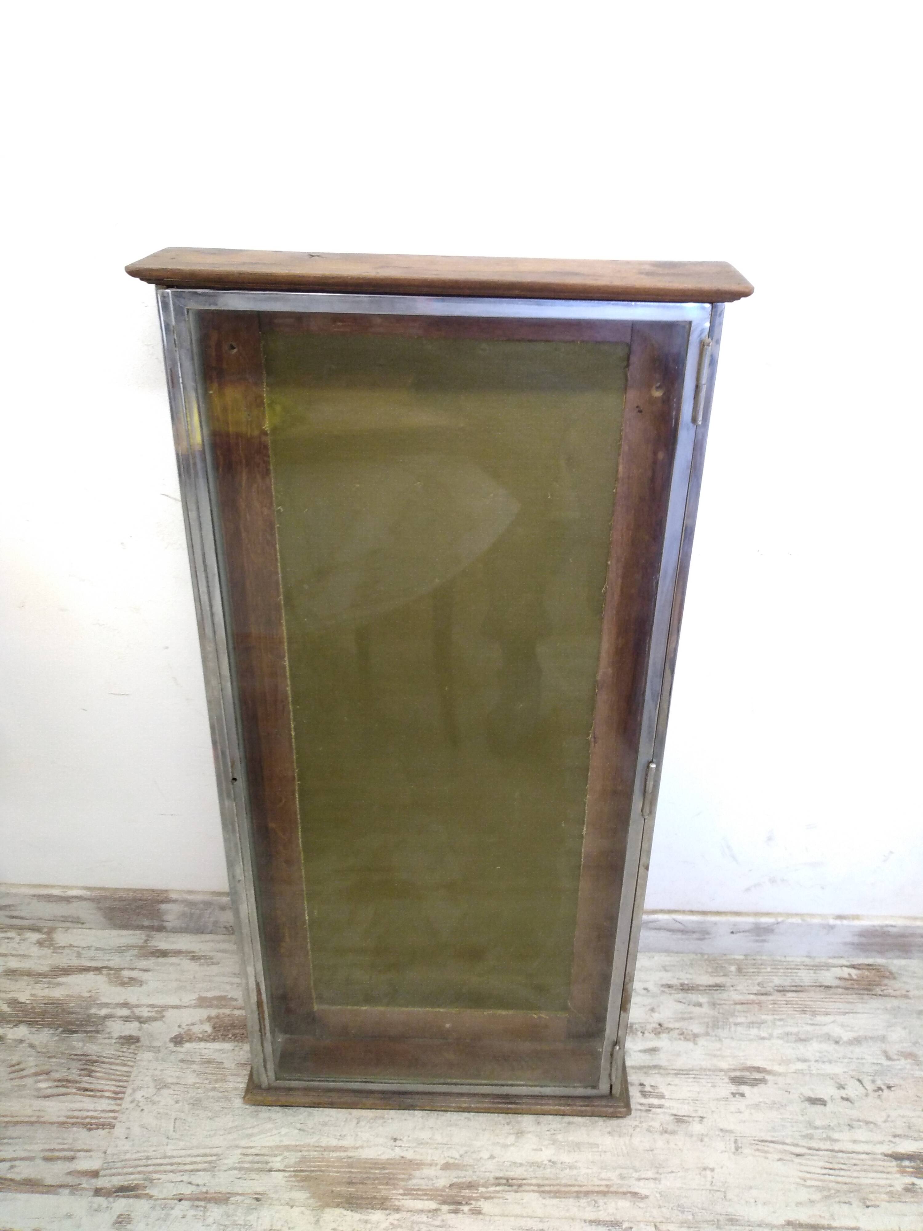 Atypical old wooden and metal wall display case