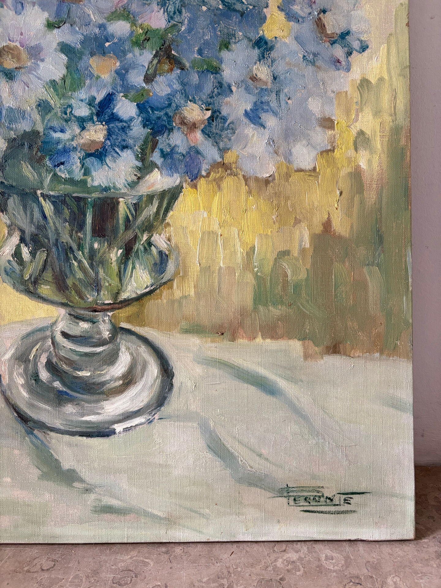 Bouquet of blue flowers, oil on canvas signed