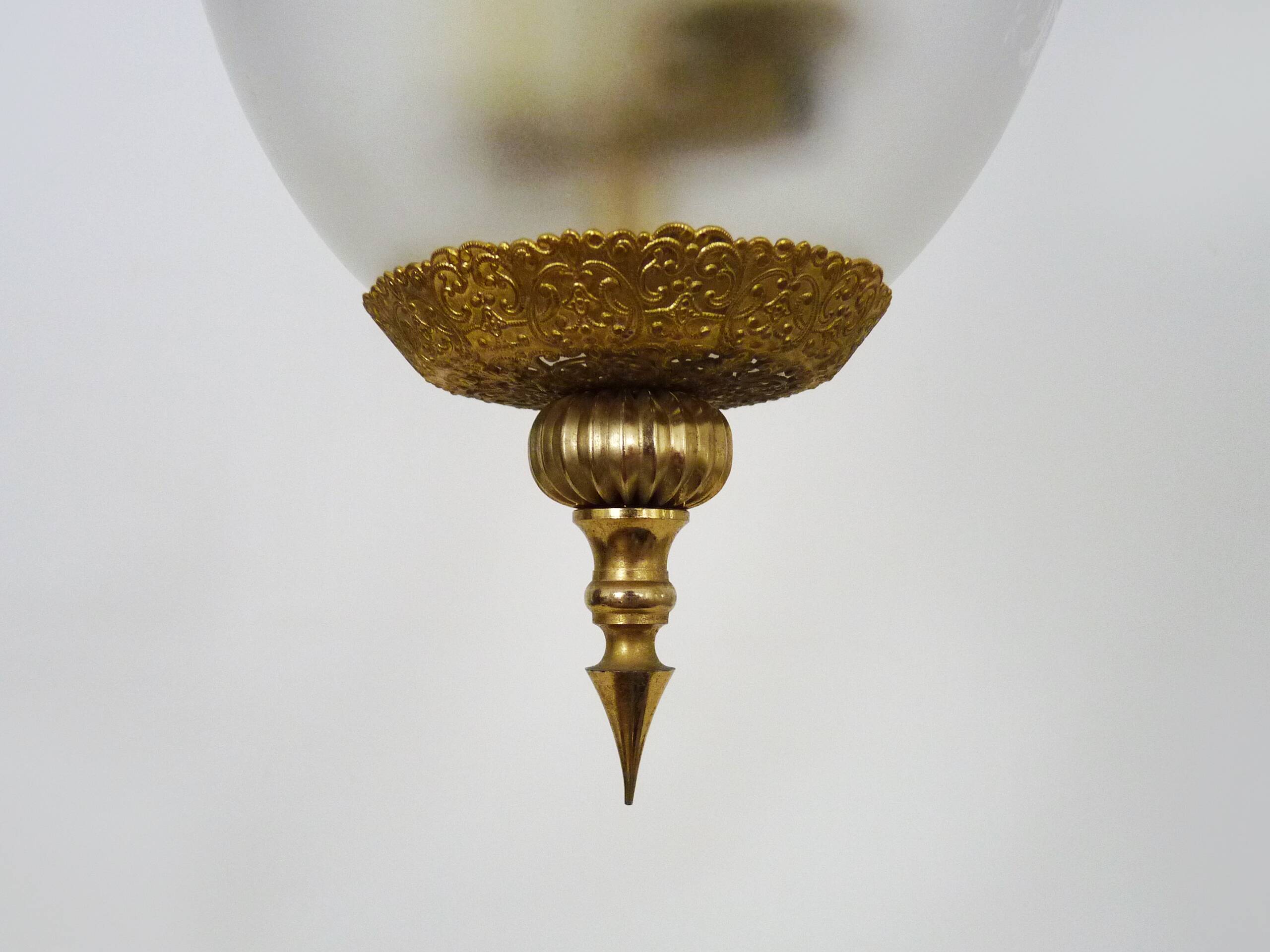 Suspension, brass chandelier and engraved glass globe with 2 lights. Louis XV style. 60s