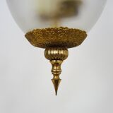 Suspension, brass chandelier and engraved glass globe with 2 lights. Louis XV style. 60s