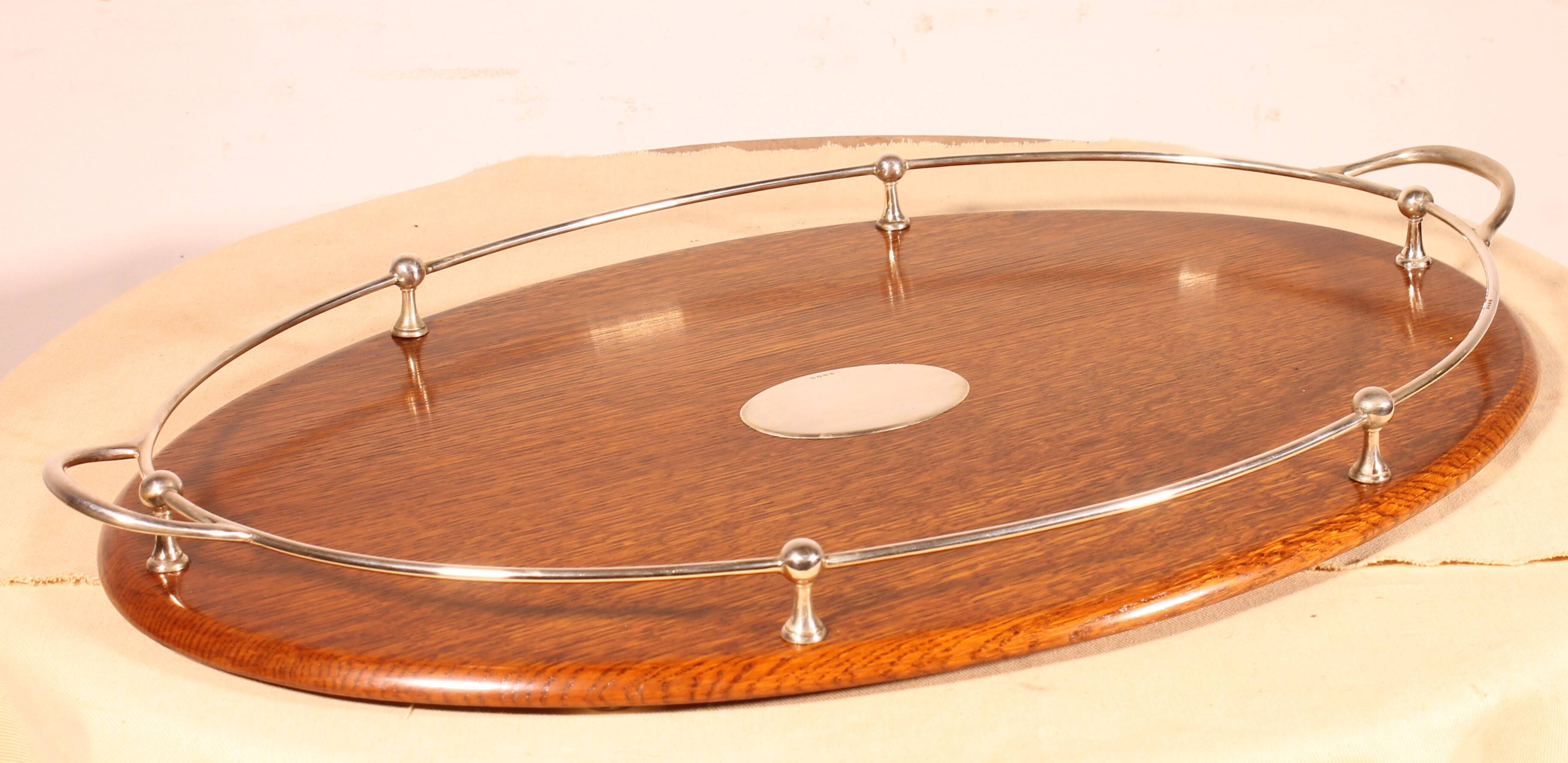 19th century silver-plated metal and oak tray