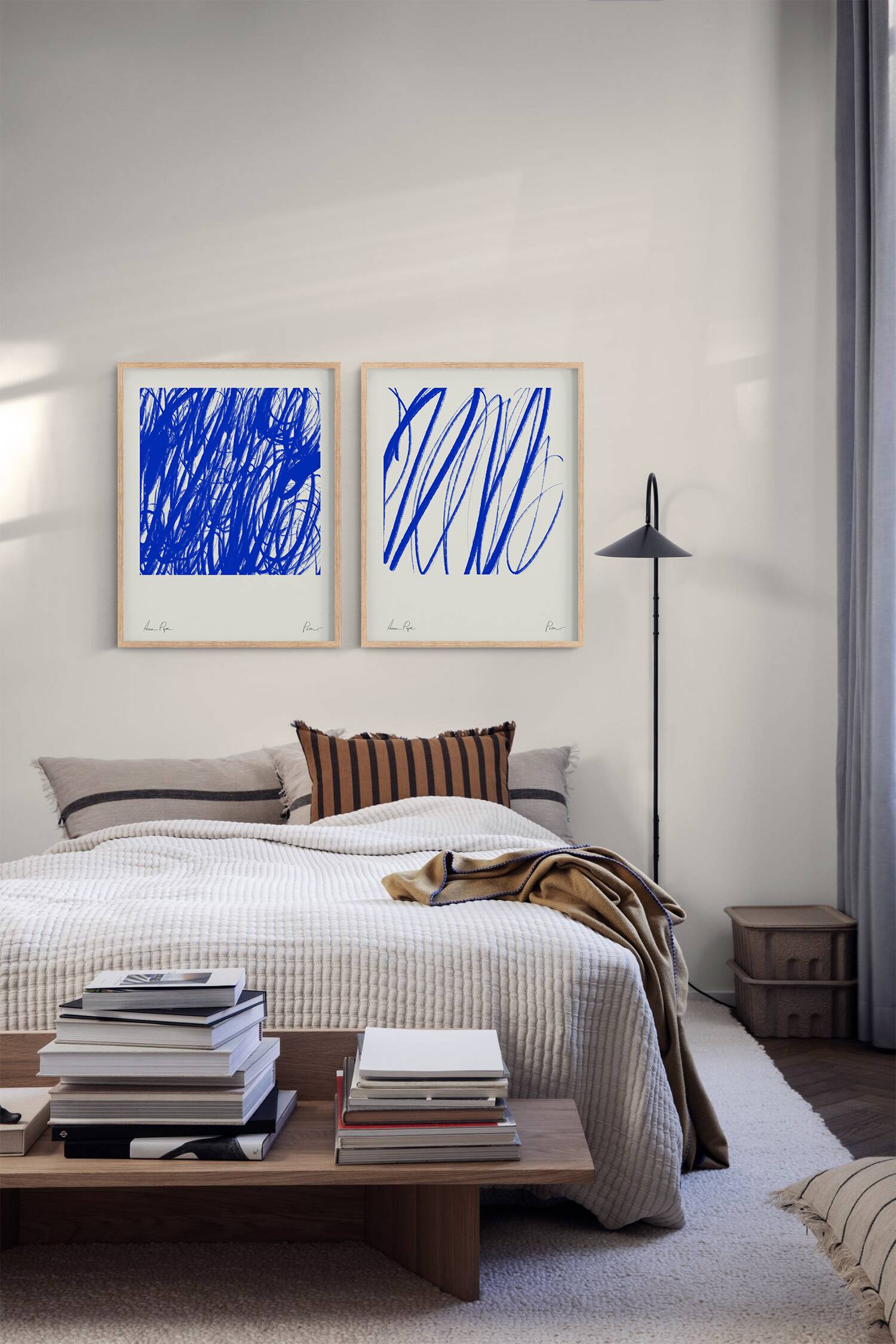Pair of blue line prints, abstract wall art set of two, 50x70cm