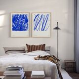 Pair of blue line prints, abstract wall art set of two, 50x70cm