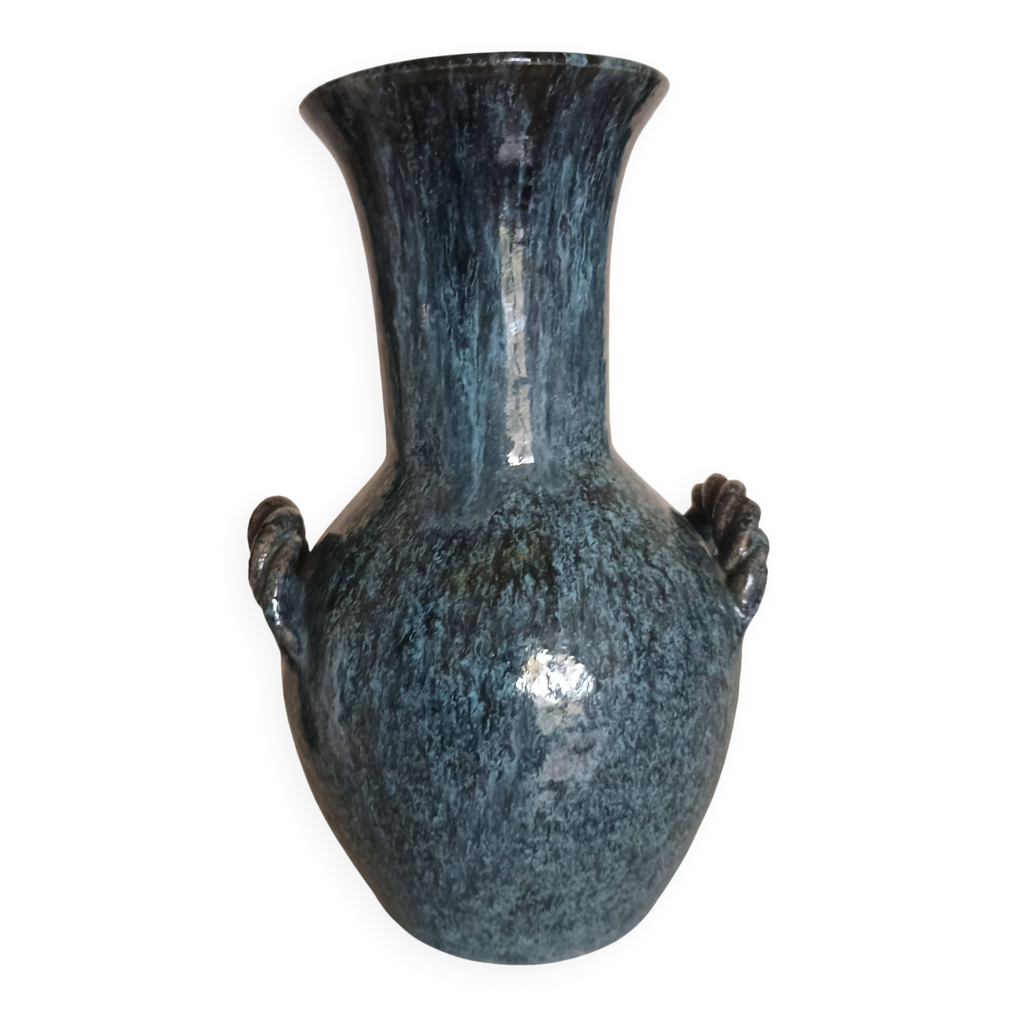 Accolay pottery Yonne - Double handle woven vase - Blue-grey glazed stoneware