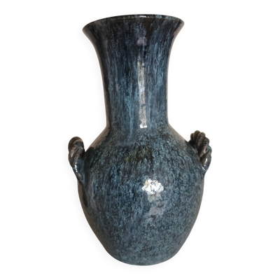 Accolay poterie Yonne - Vase double anse tressé - Grès émaillé bleu gris