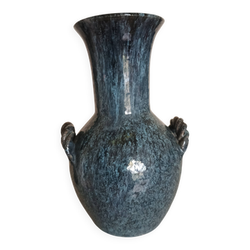 Accolay poterie Yonne - Vase double anse tressé - Grès émaillé bleu gris