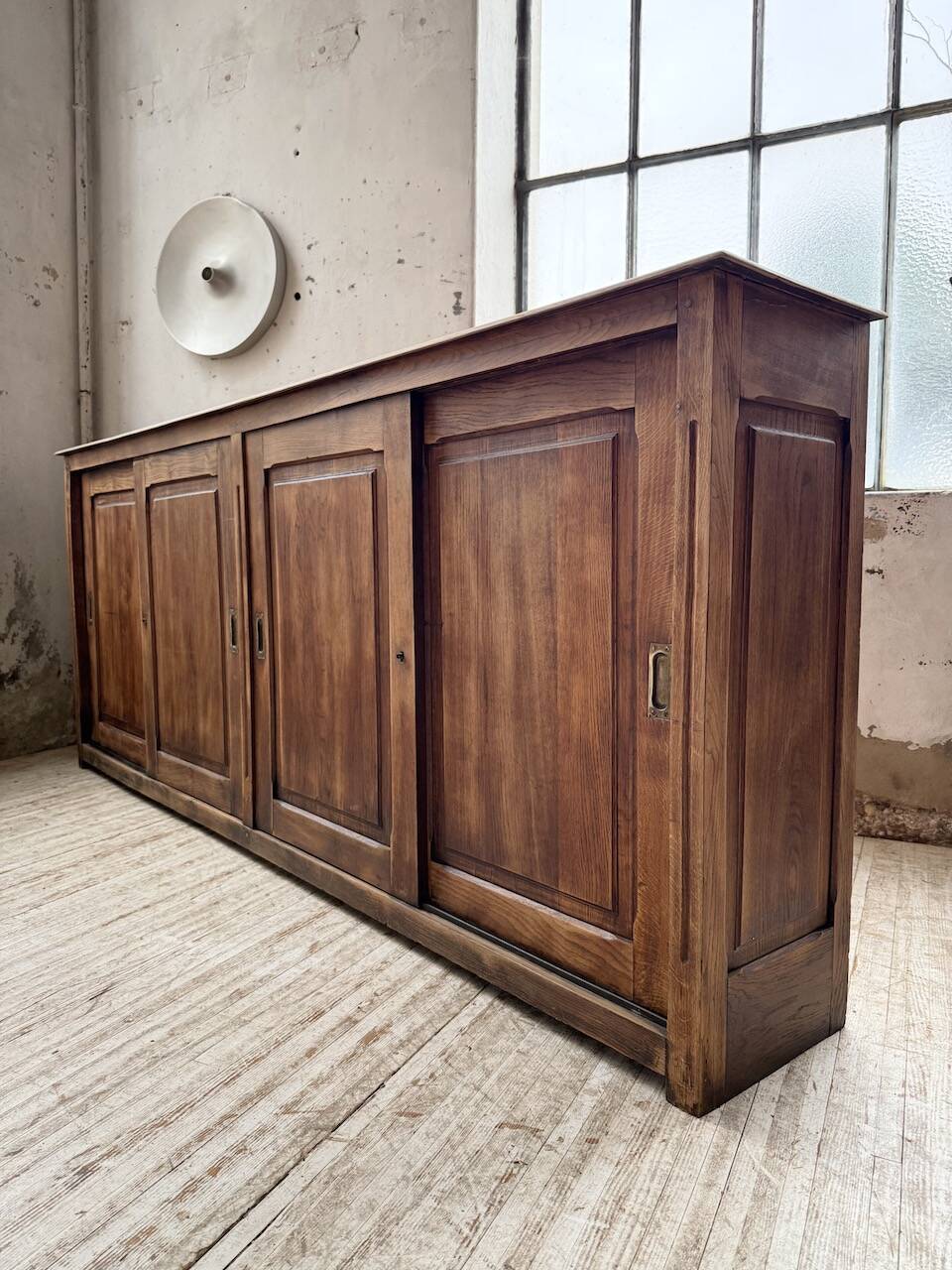 XL oak workshop sideboard with sliding doors from 1900