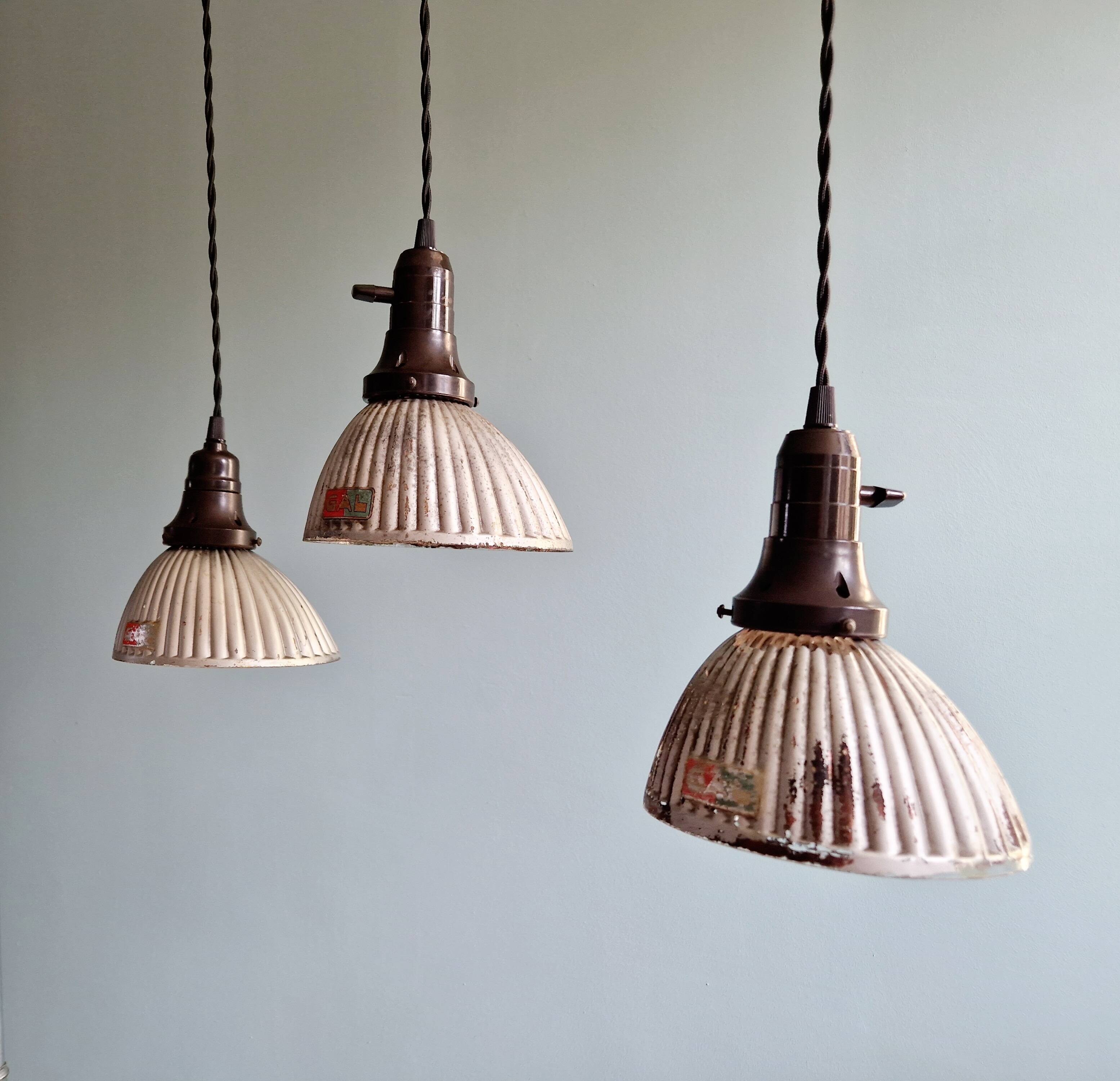Set of 3 industrial mercury glass pendant lights, GAL (France), 1930s