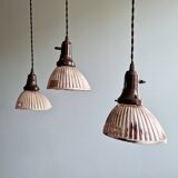 Set of 3 industrial mercury glass pendant lights, GAL (France), 1930s