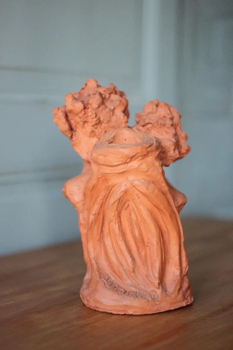 Sculpture signed Doloire, terracotta sculpture with 3 faces, candlestick sculpture, collection, interior decoration.