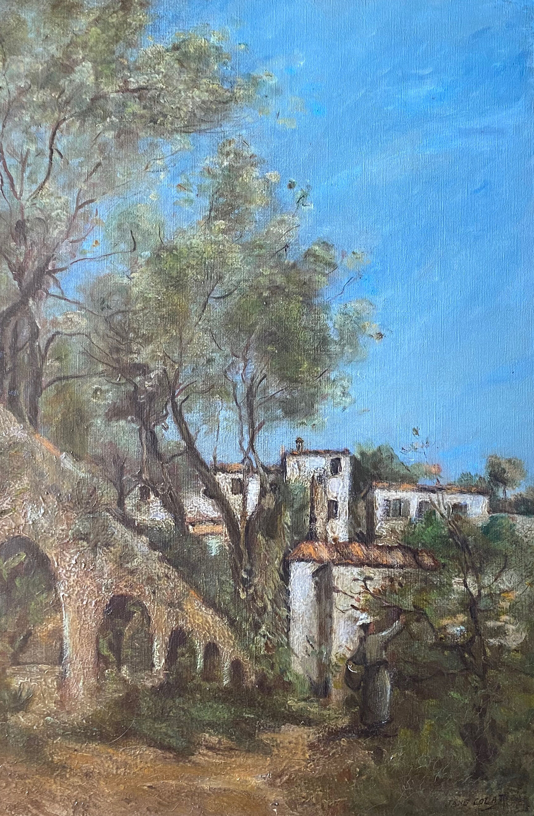 Painting Provencal school "Animated landscape" signed Jane Colat XIX ° century + frame