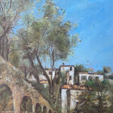 Painting Provencal school "Animated landscape" signed Jane Colat XIX ° century + frame
