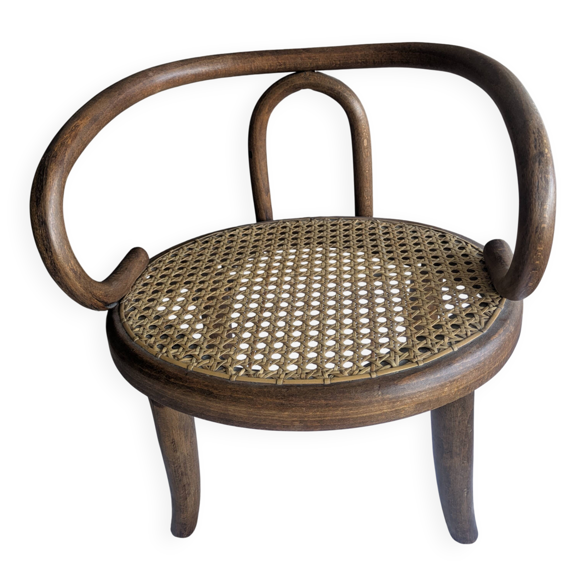 Small Antique Children's Armchair in Curved Wood and Cane