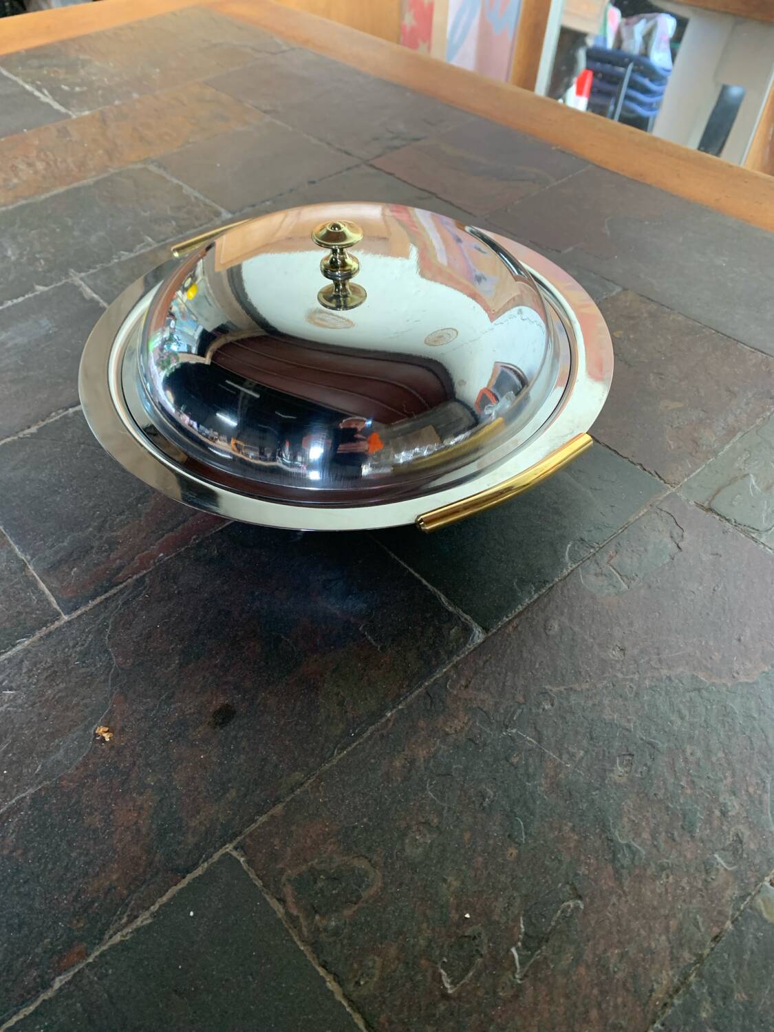 Vintage stainless steel vegetable dish AR CAS 18/10 – brass handles