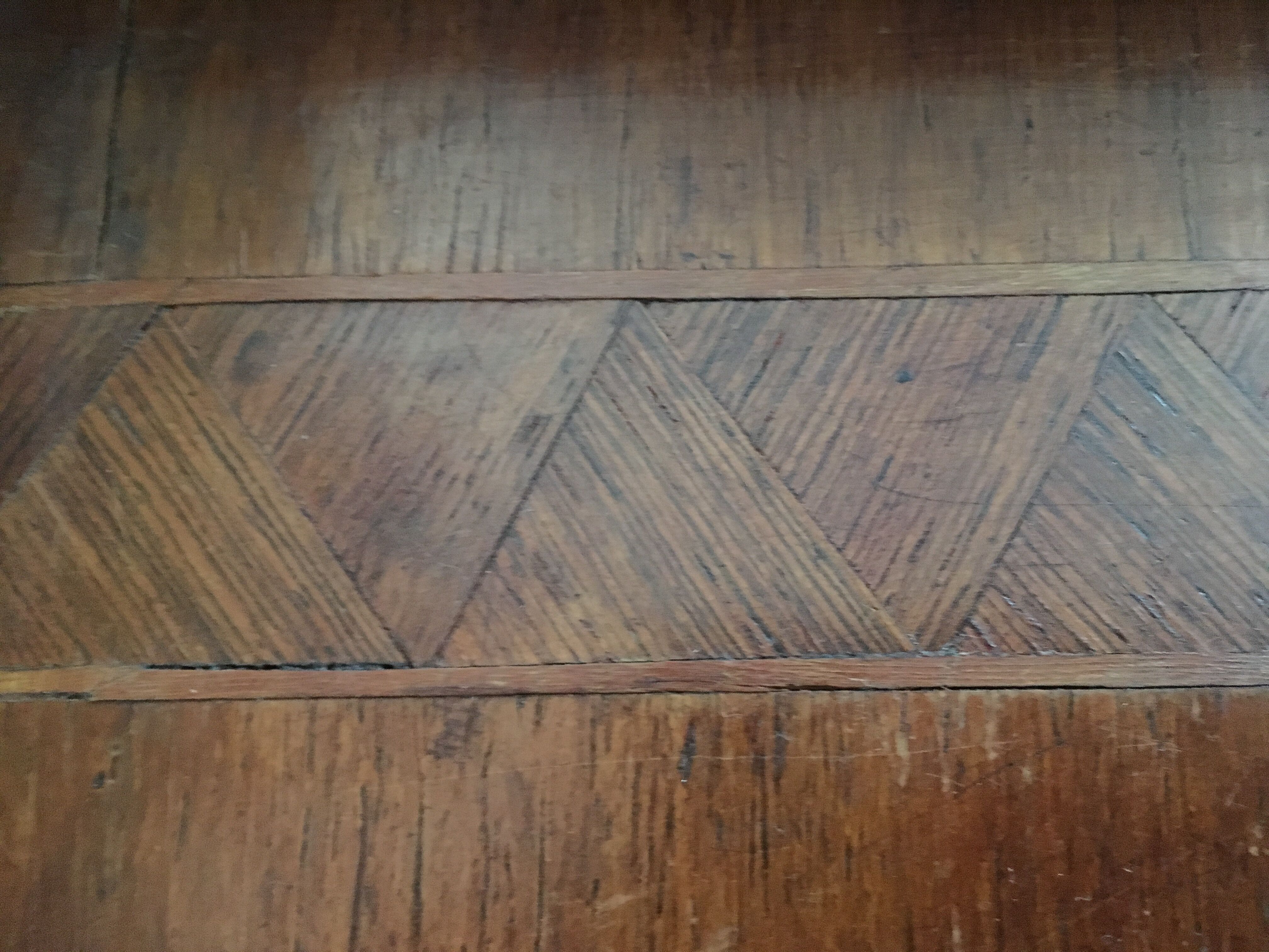 Old wooden serving tray with marquetry drawing
