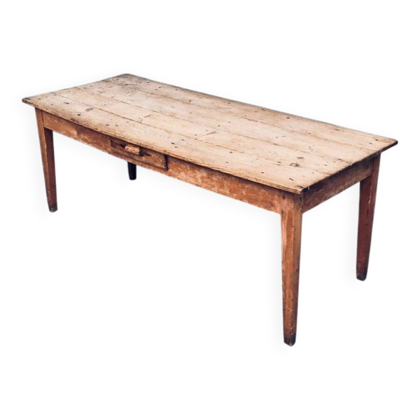 French Country Design Pine Dining Table with Drawer, France, 1930s