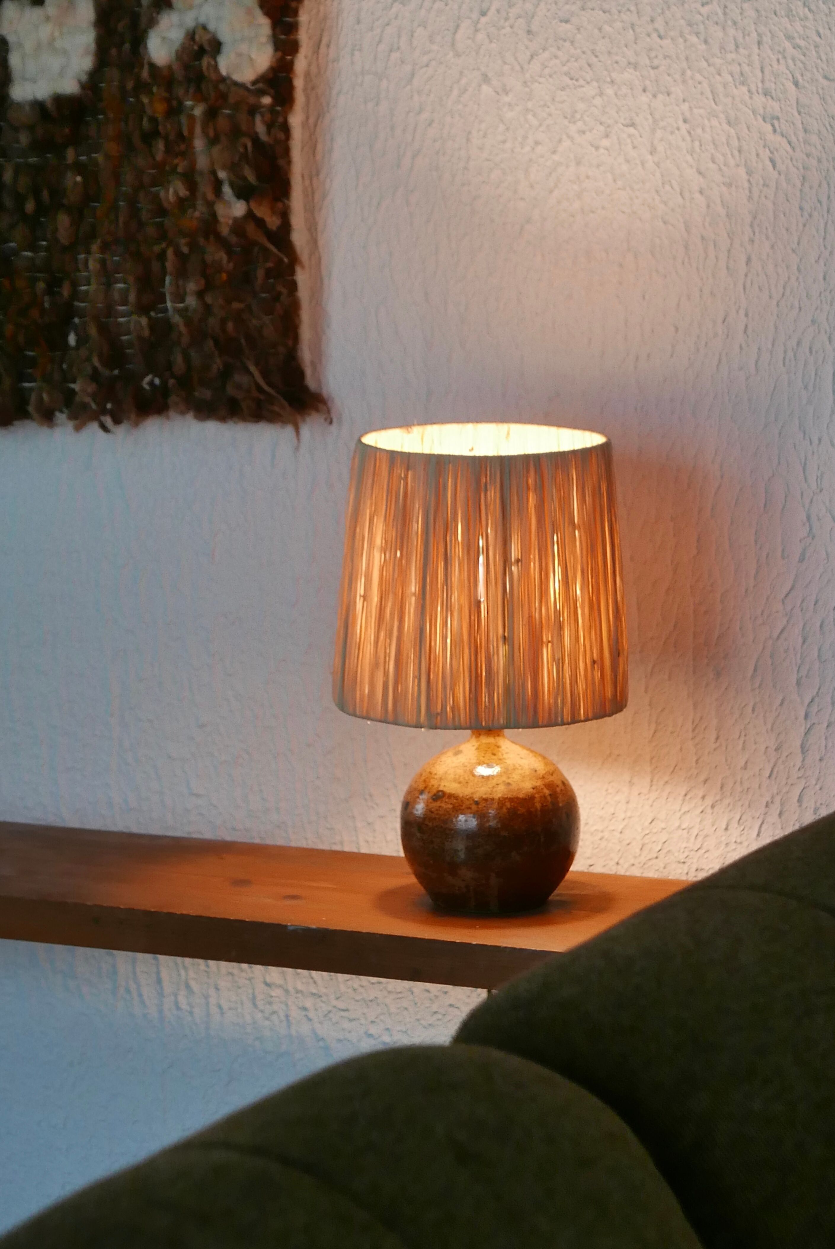 Borne sandstone lamp, raffia lampshade, 1960s