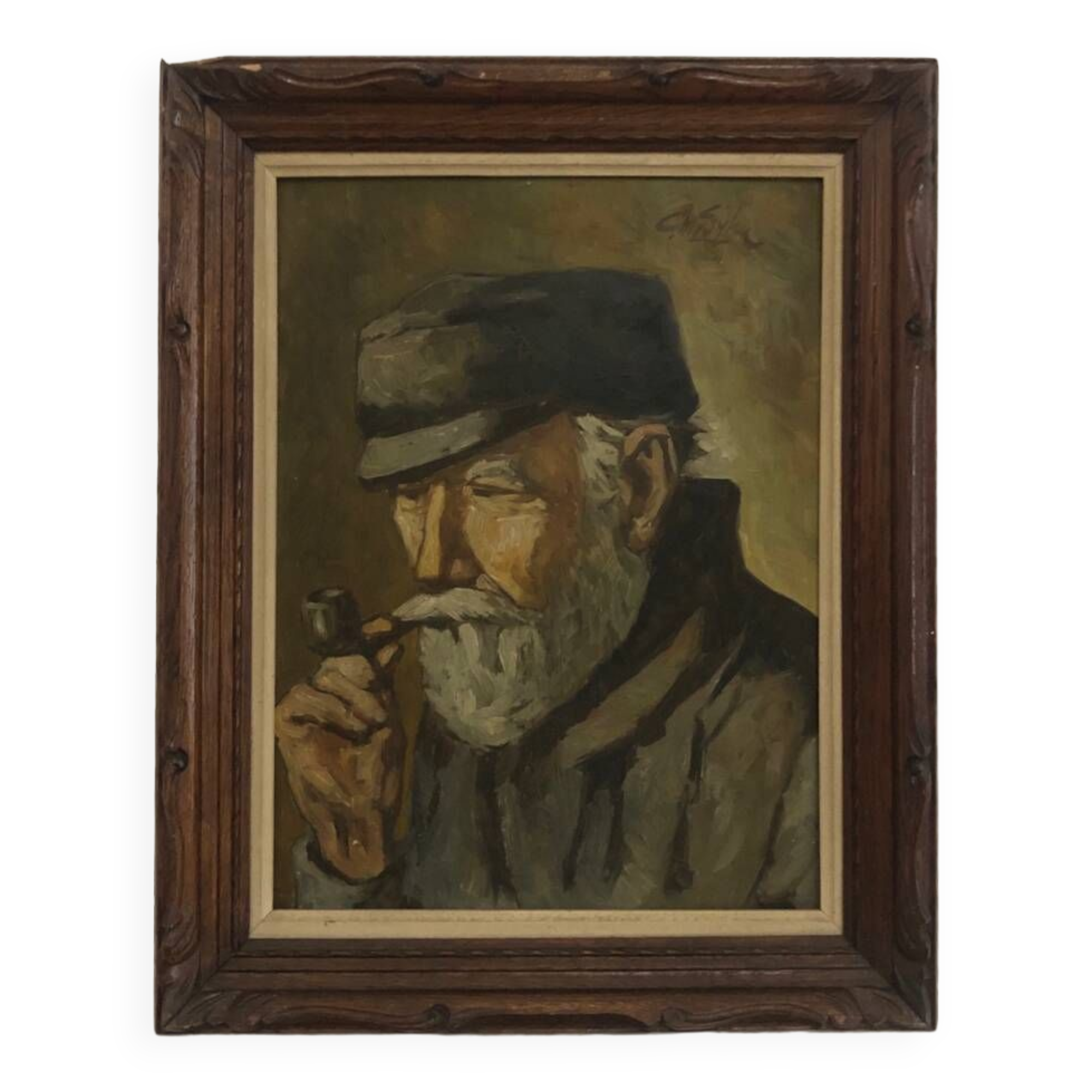 Oil on panel portrait of elderly man with pipe signed