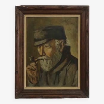 Oil on panel portrait of elderly man with pipe signed