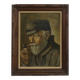 Oil on panel portrait of elderly man with pipe signed