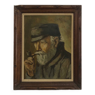 Oil on panel portrait of elderly man with pipe signed