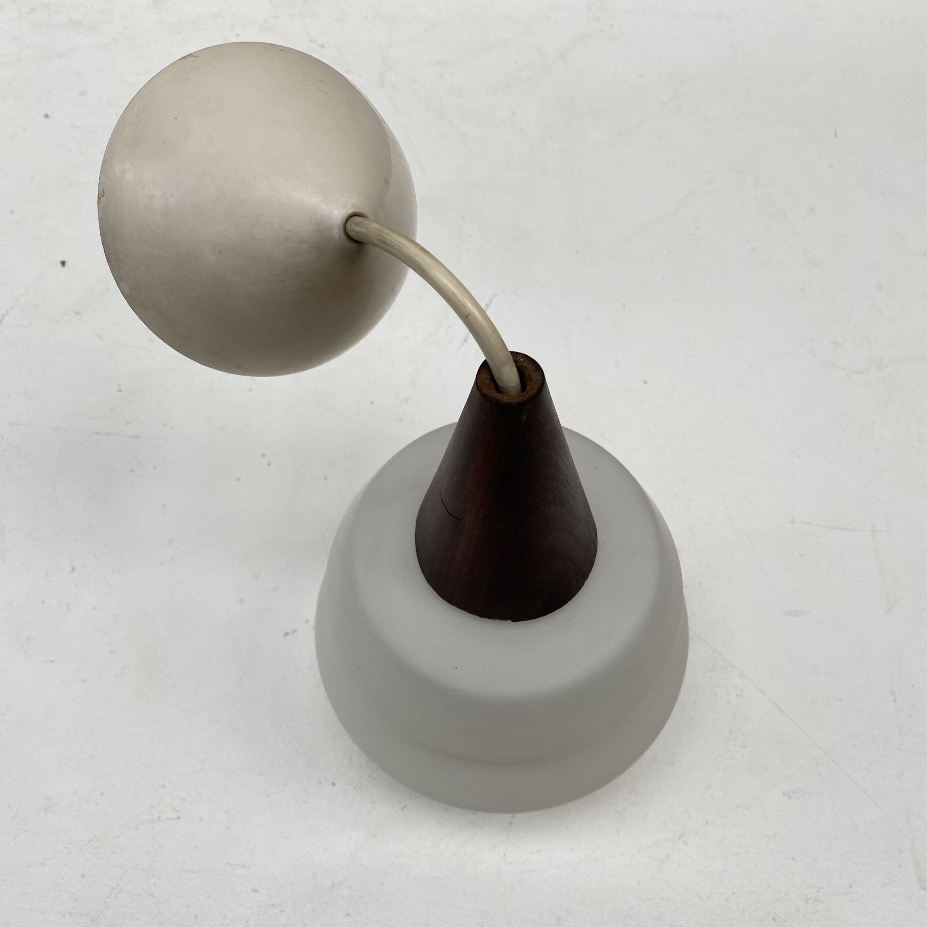 Teak and opaline pendant light from the 60s by Louis Kalff for Philips