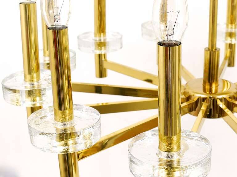 Brass and glass disc pendant light in the style of Gaetano Sciolari, mid-century, Italy, 1970s.