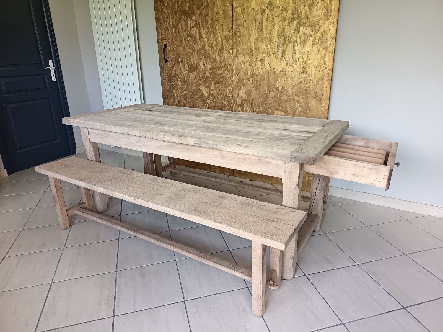 Renovated farmhouse table with 2 drawers and 2 benches