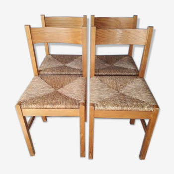 Set de 4 chaises estampillées design bois et paille epoque 1960/70