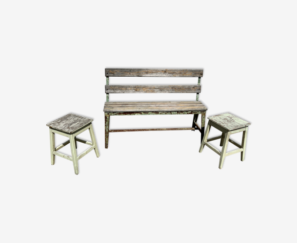 Banc de jardin en fer et bois et ces 2 tabourets en bois