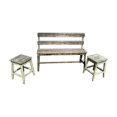 Garden bench in iron and wood and these 2 wooden stools