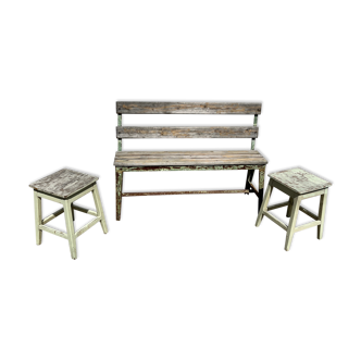 Garden bench in iron and wood and these 2 wooden stools