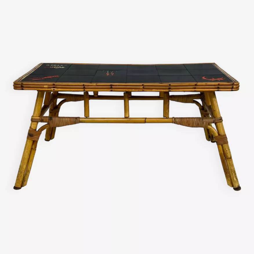 50s/60s coffee table in rattan and ceramic