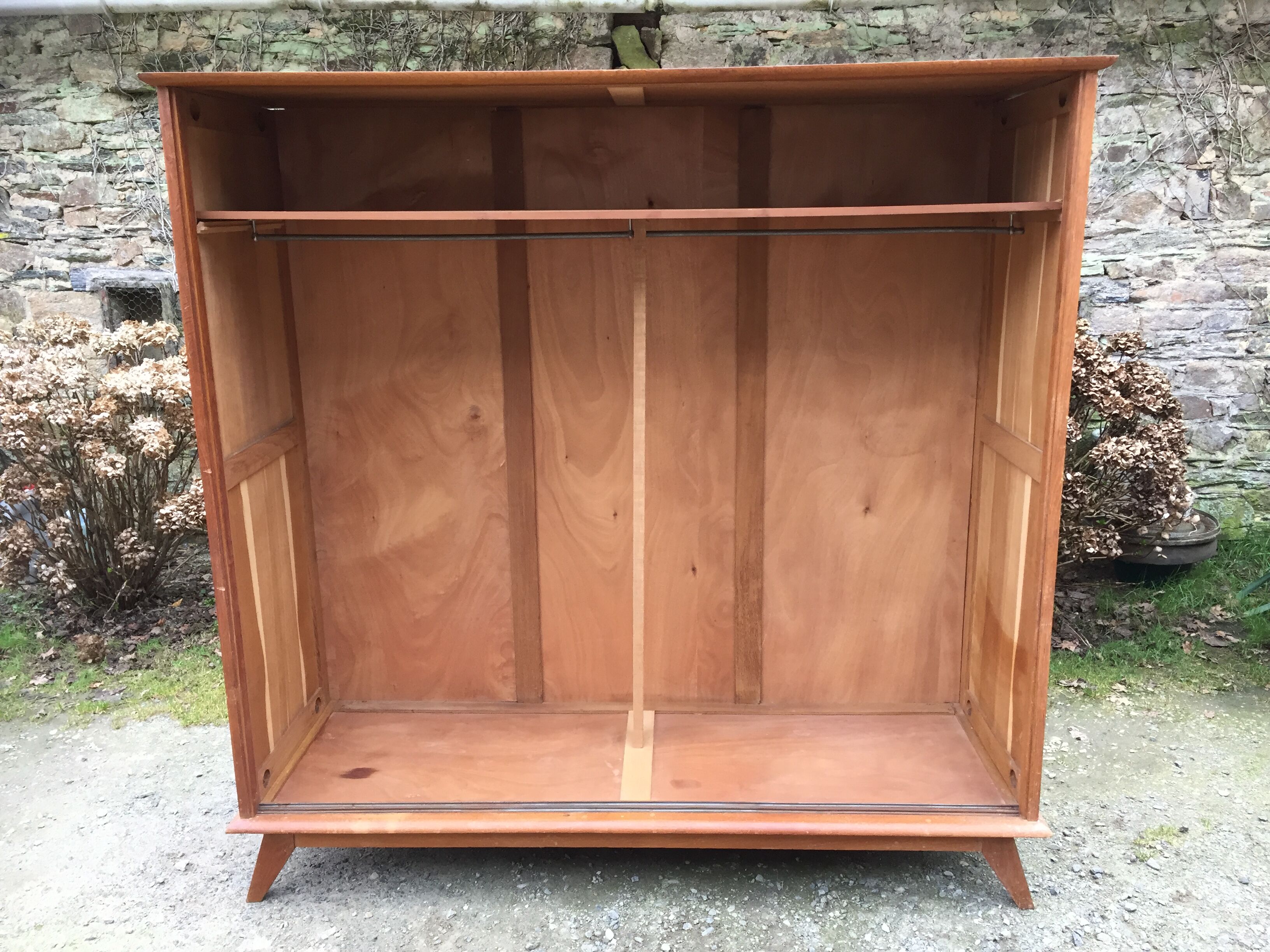 Vintage wardrobe compass feet with 3 sliding oak doors.