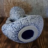 Vintage vase with double handles in blue ceramic and white crisp enamel