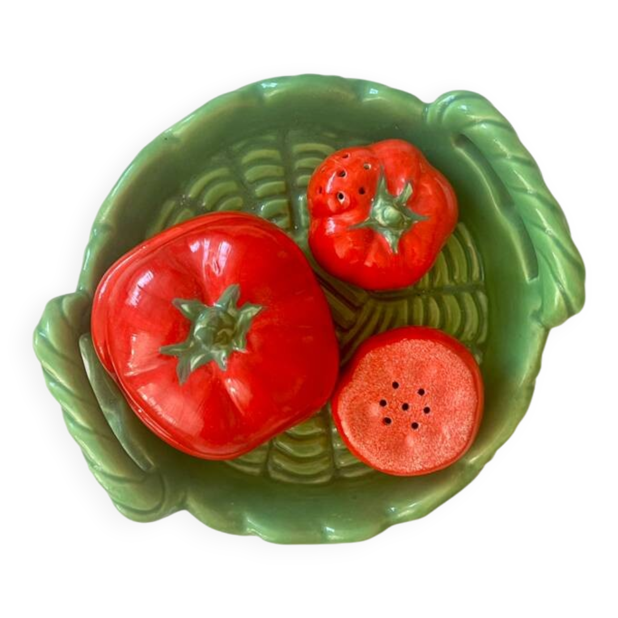 Vintage earthenware set – tomato salt and pepper shakers.