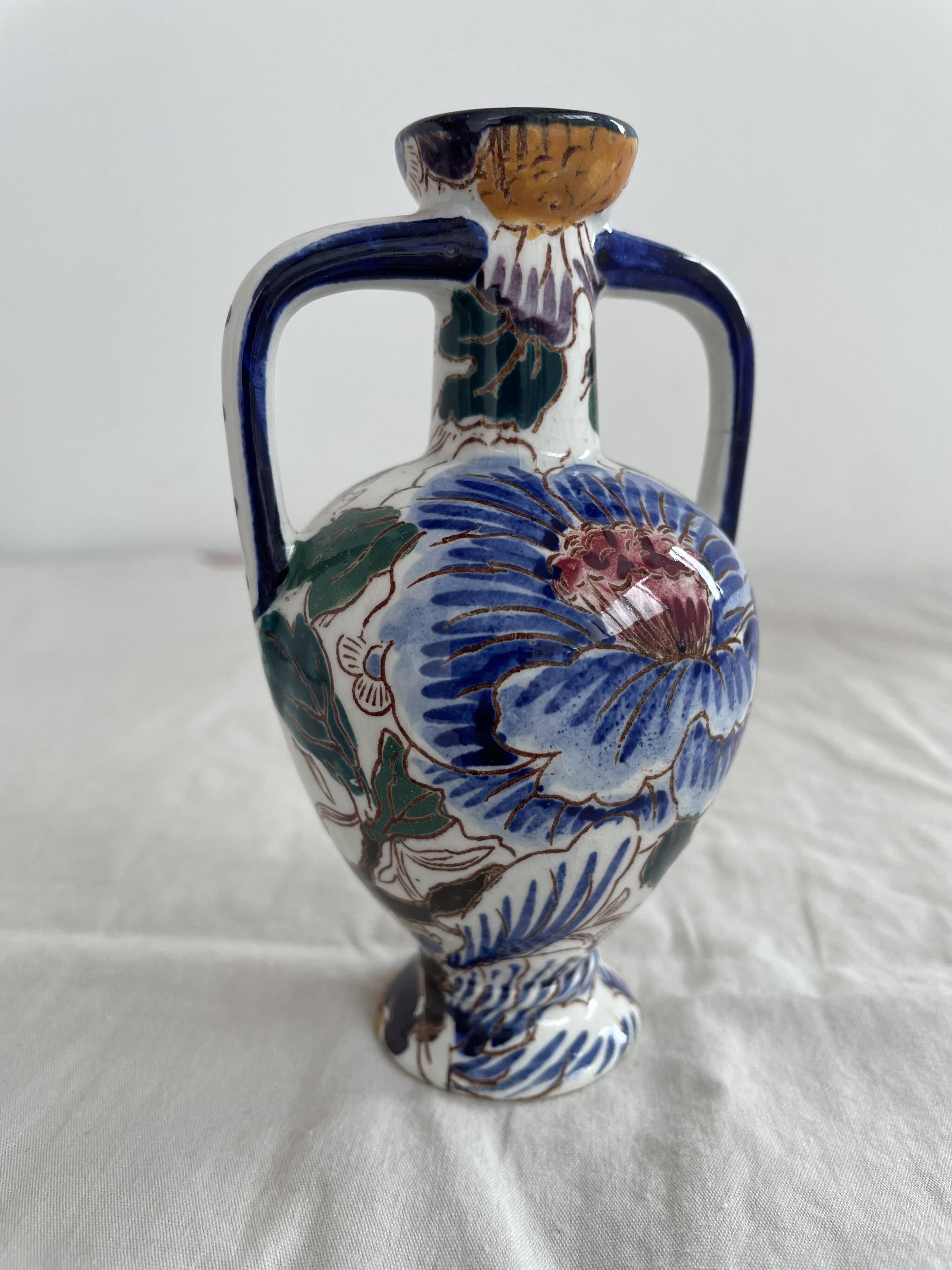 Gien earthenware vase, Peony model, vintage, polychrome floral decoration