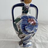 Gien earthenware vase, Peony model, vintage, polychrome floral decoration