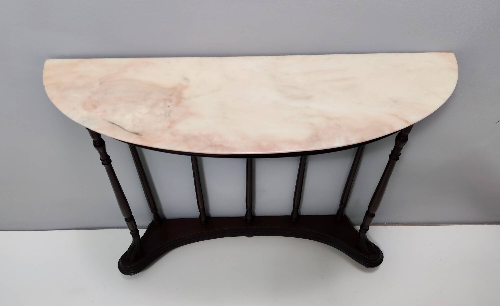Neoclassical Style Turned Beech Console Table with a Demilune Marble Top, Italy