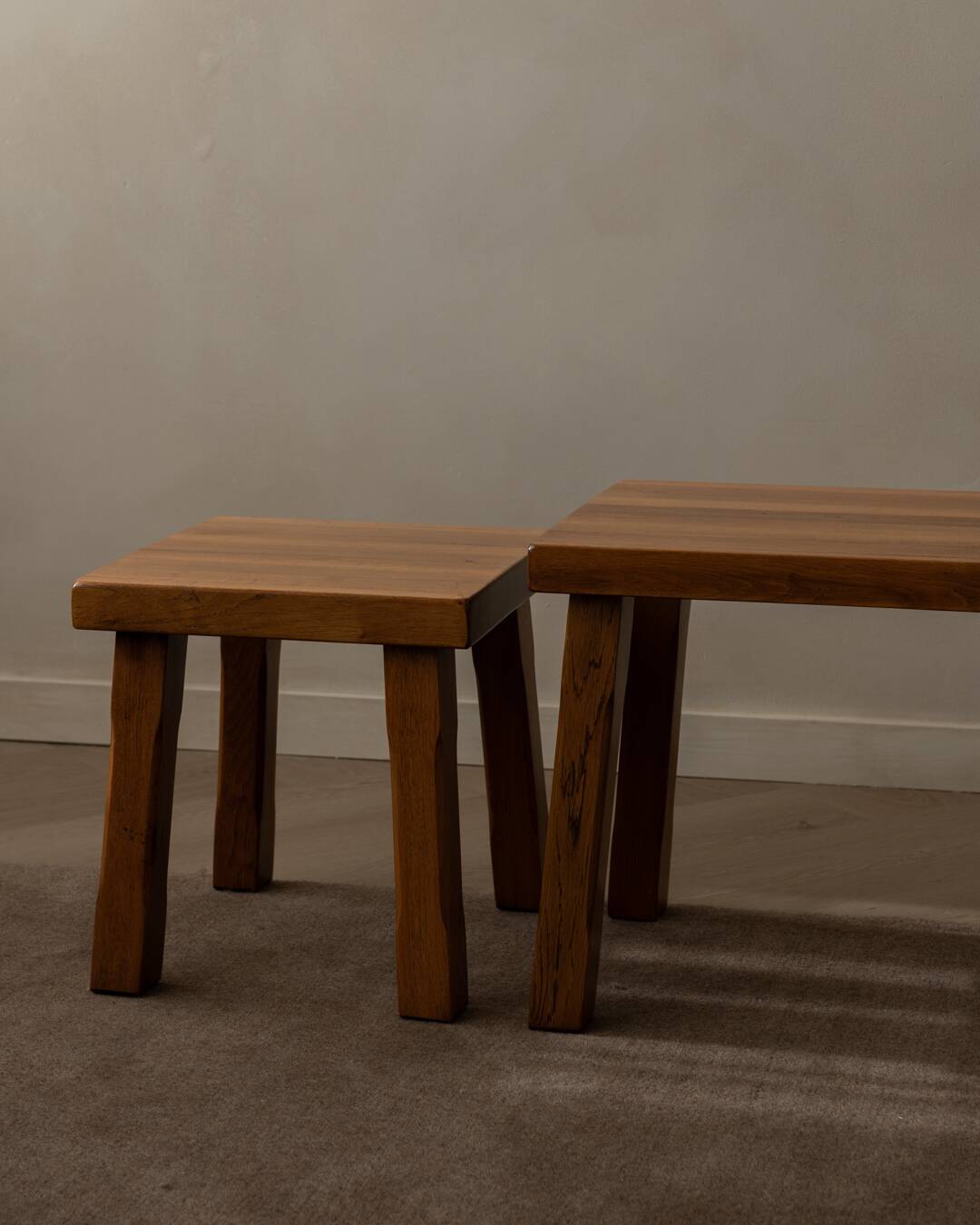 Brutalist Solid Oak Nesting Tables (Set of 3) – Dutch 1970s
