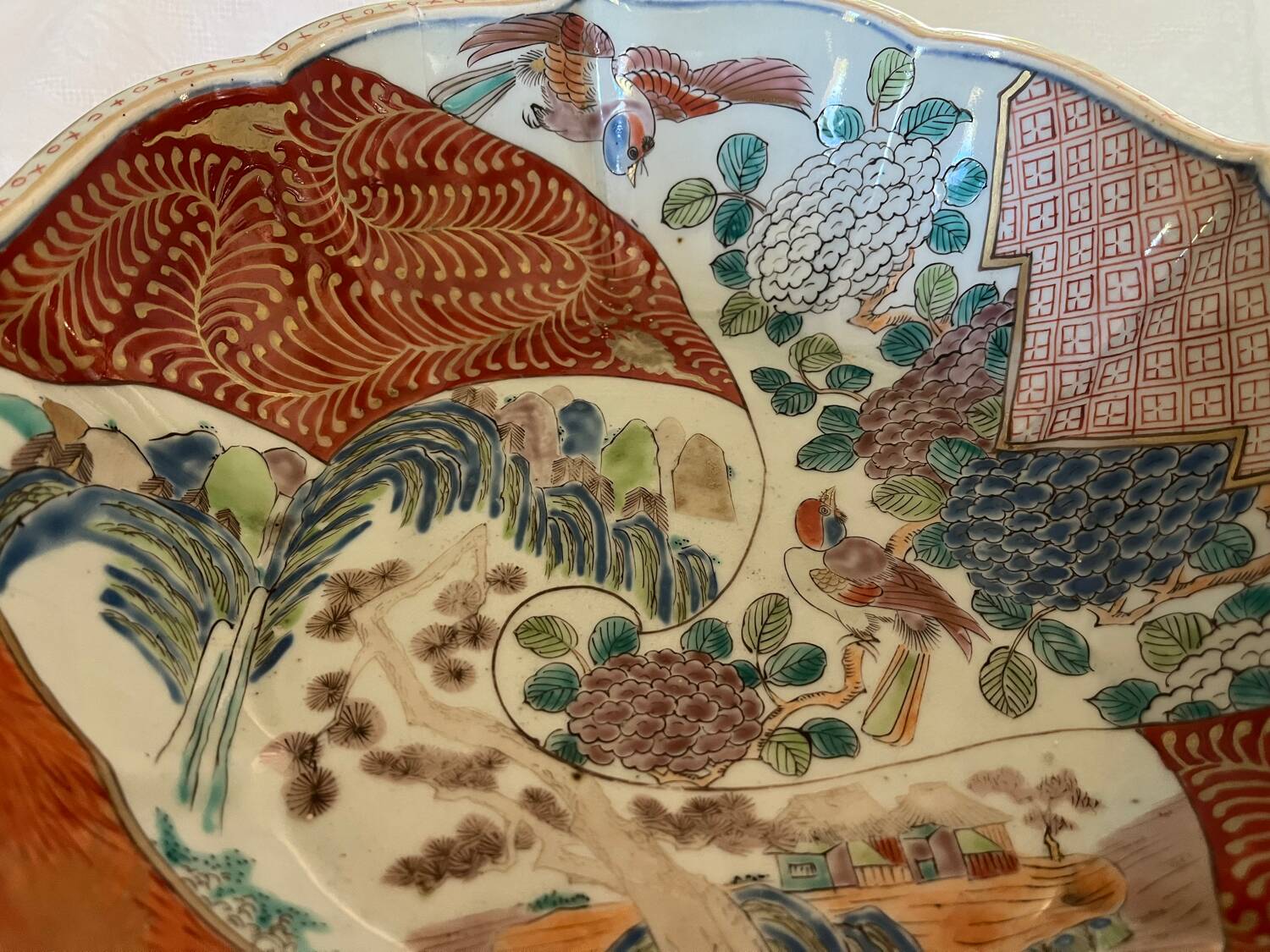 Chinese ceramic cup landscape patterns brass base supported by 4 elephants lai