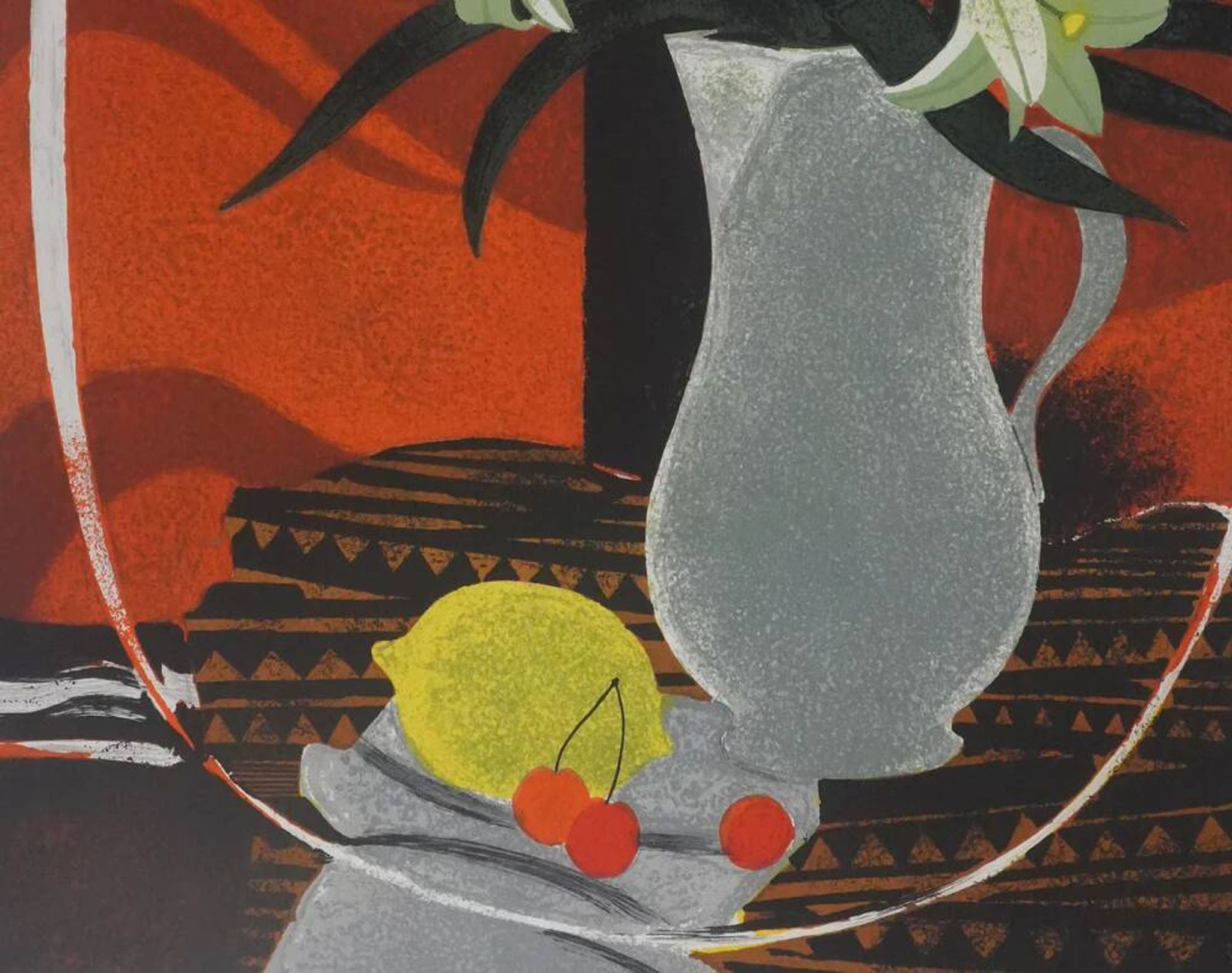 Yves ganne: lilies on an orange background, original signed lithograph