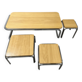 Set of 4 70s nesting coffee tables in metal and solid oak
