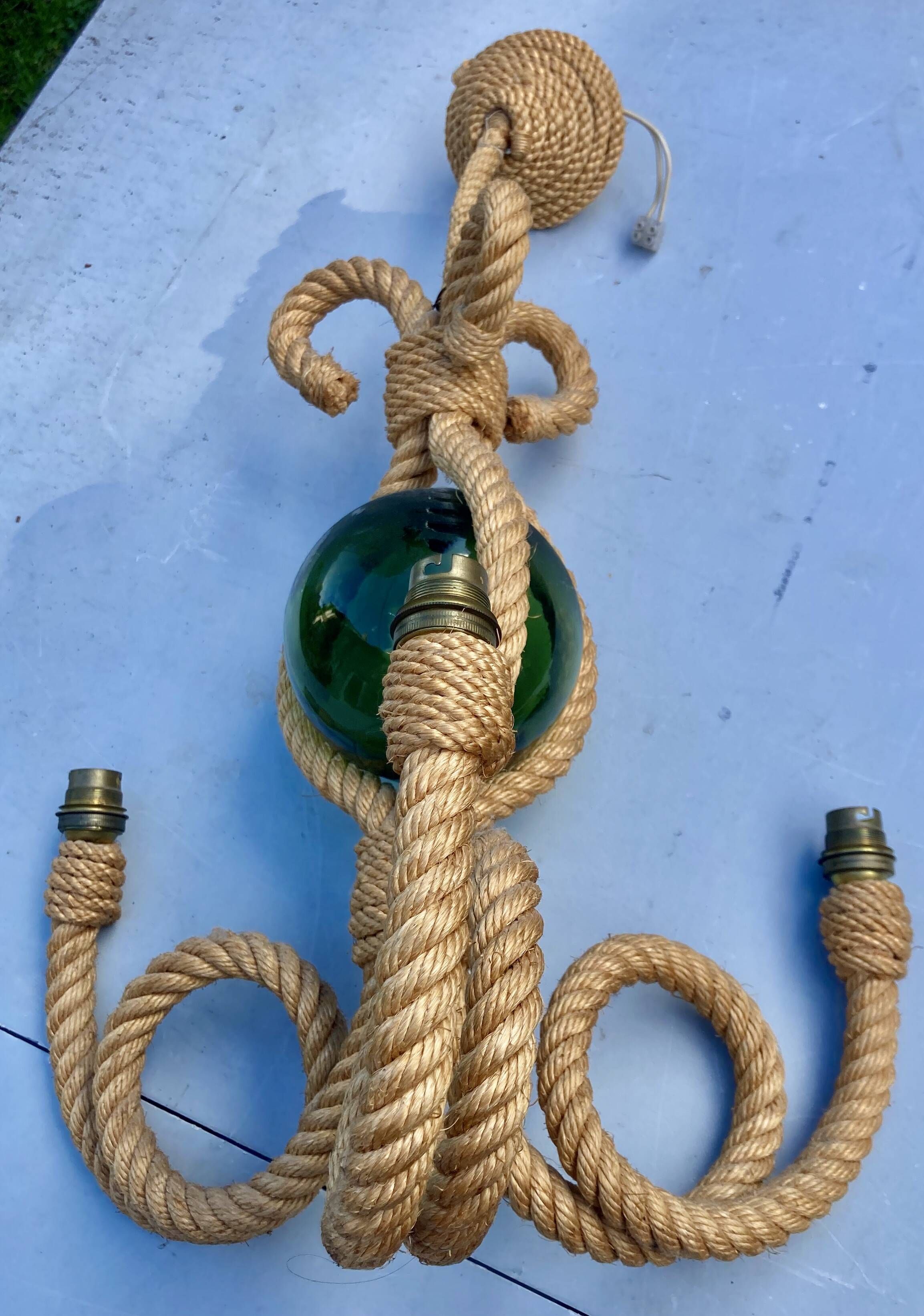 Audoux & Minet - vintage cord chandelier with 3 lights - France circa 1950
