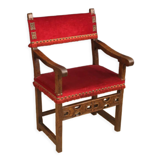 Antique Italian walnut armchair with red fabric from 19th century