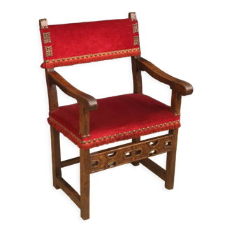 Fauteuil antique en noyer italien avec tissu rouge du 19ème siècle