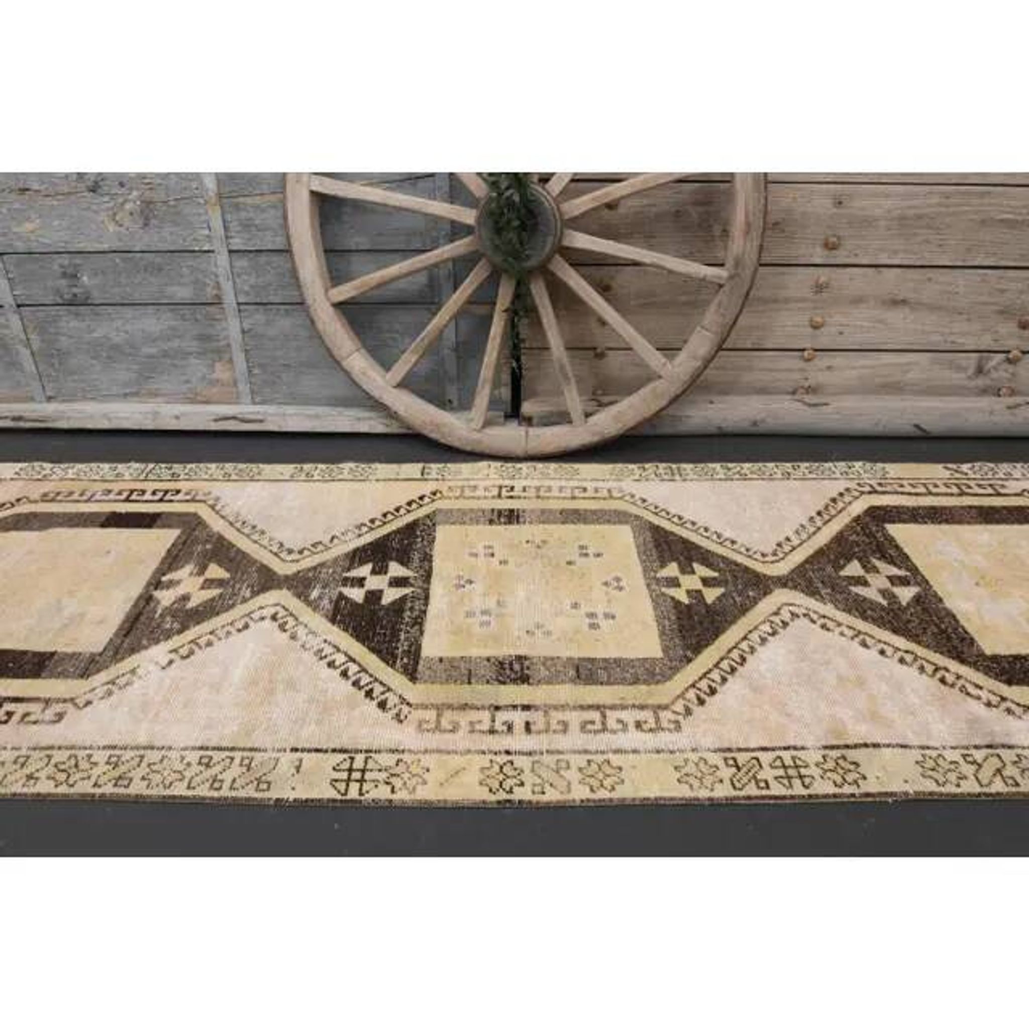 1970s Vintage Turkish Hand-Knotted Wool Cotton Beige Runner Rug  103x374